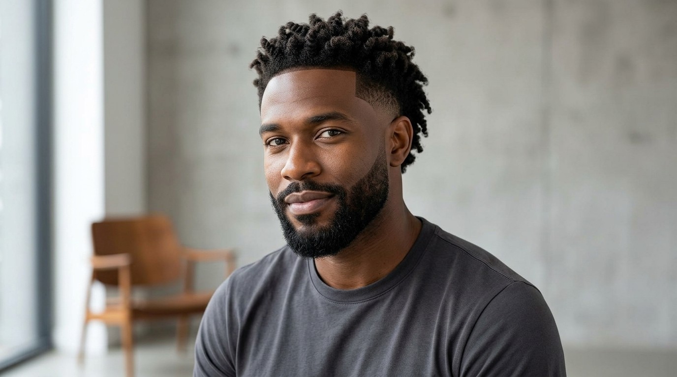 Man with coarse hair rocking a sharp drop fade haircut and styled sponge twists