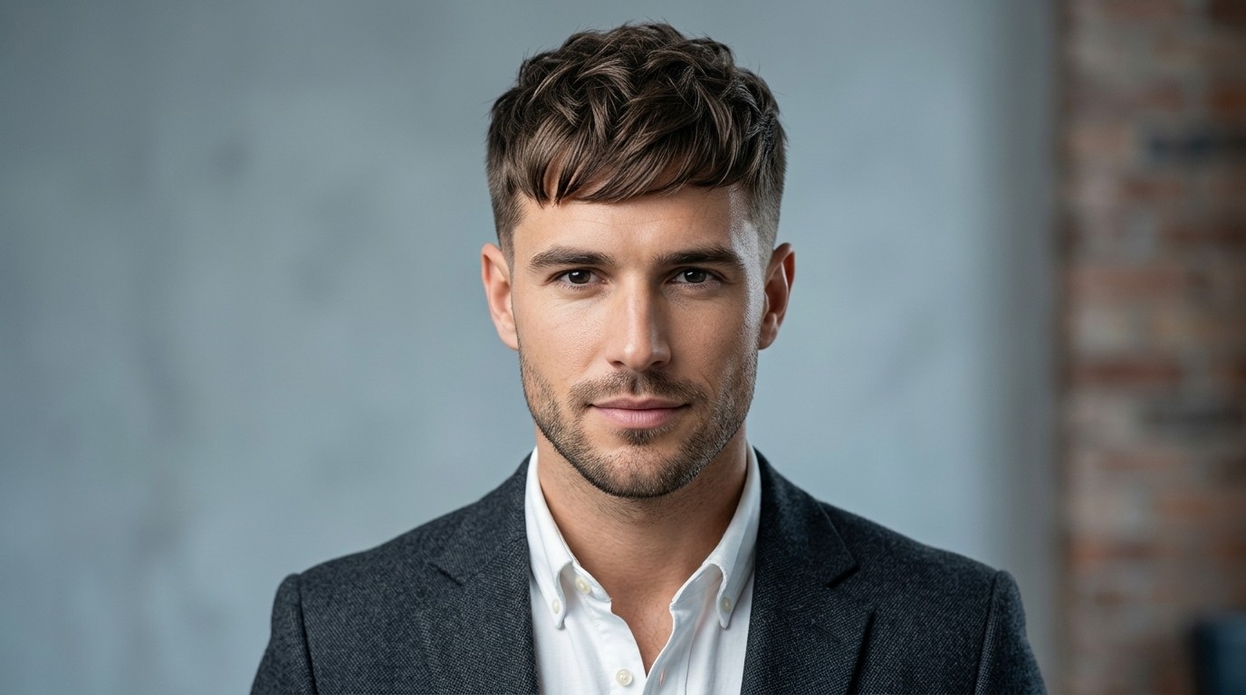 A handsome man with an oblong face shape rocking a textured French crop fringe haircut