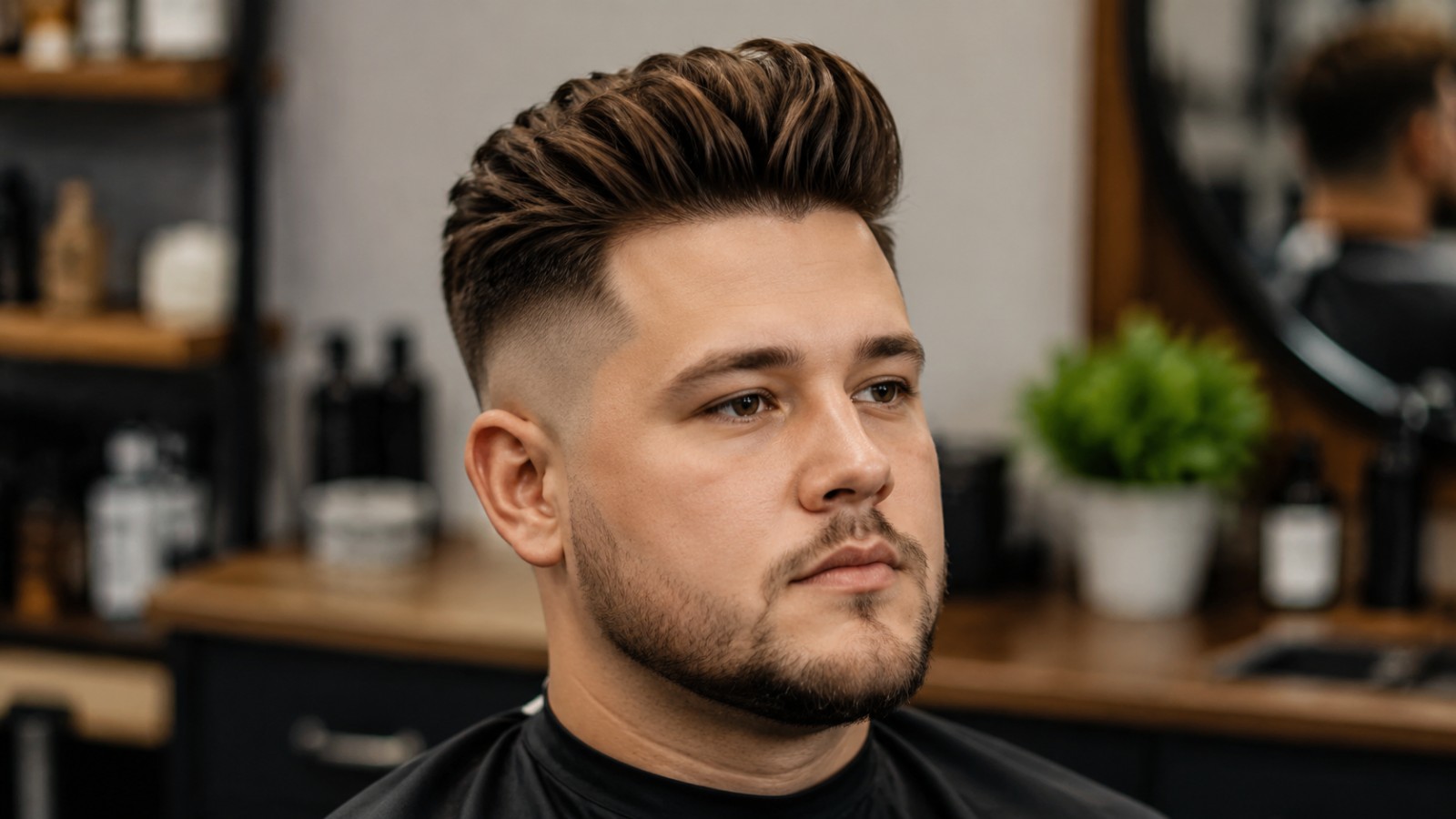 Man with a round face wearing a textured quiff haircut with a mid fade, side view showing height at the front and tight tapered sides