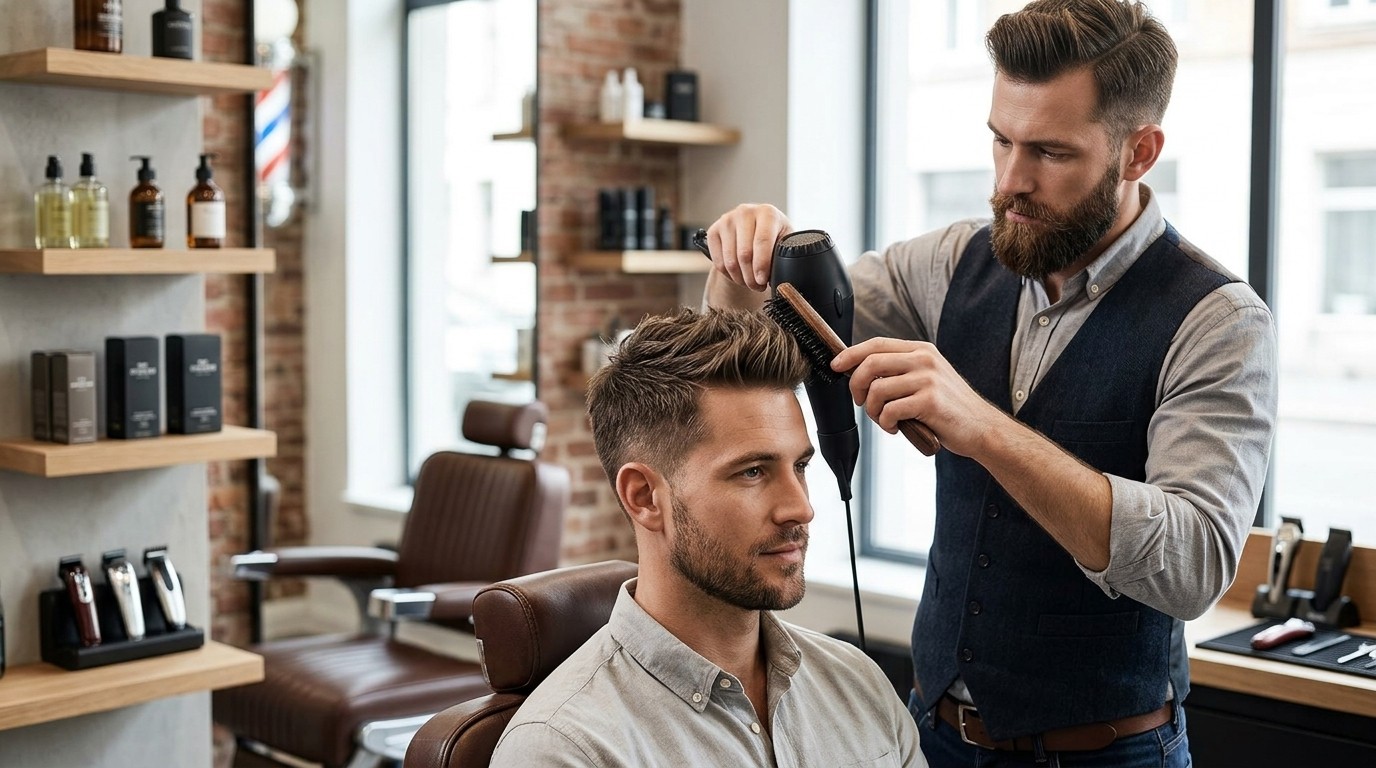 A professional barber carefully styling a client's hair in a modern, clean barbershop