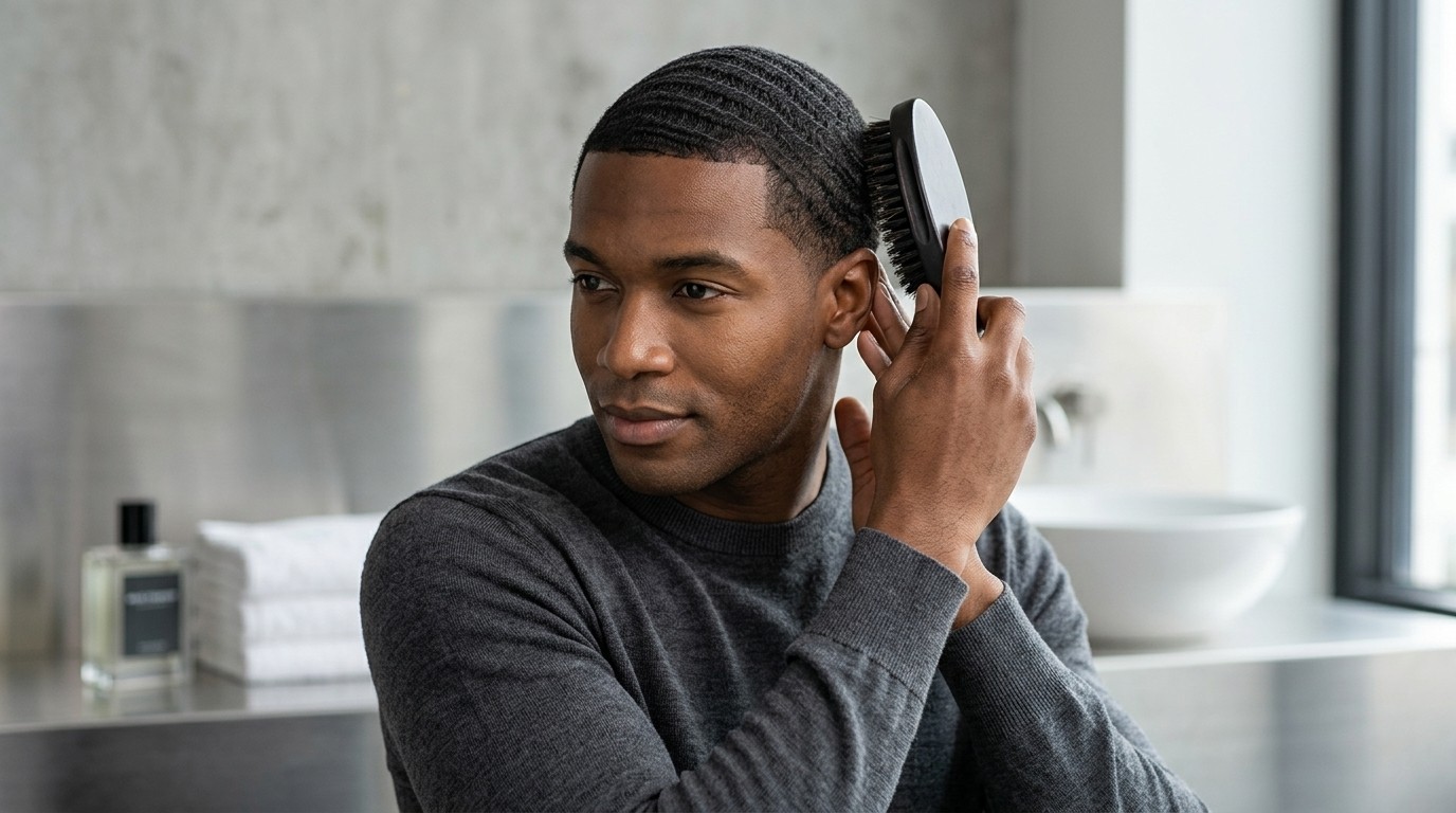 A man with flawless 360 waves demonstrating proper brushing technique to prevent hair breakage