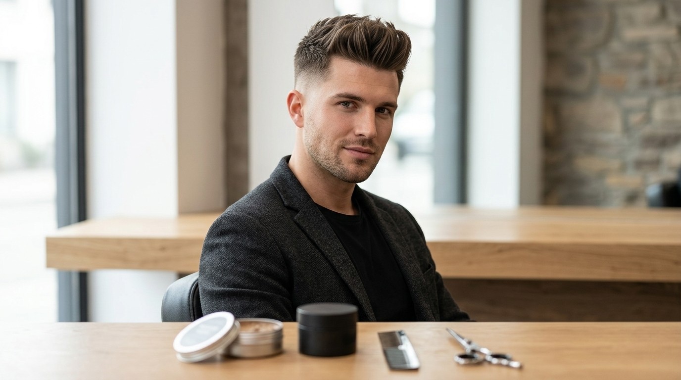 A handsome man with a perfectly styled textured quiff and skin fade, demonstrating matte volume and expertly crafted hair texture.