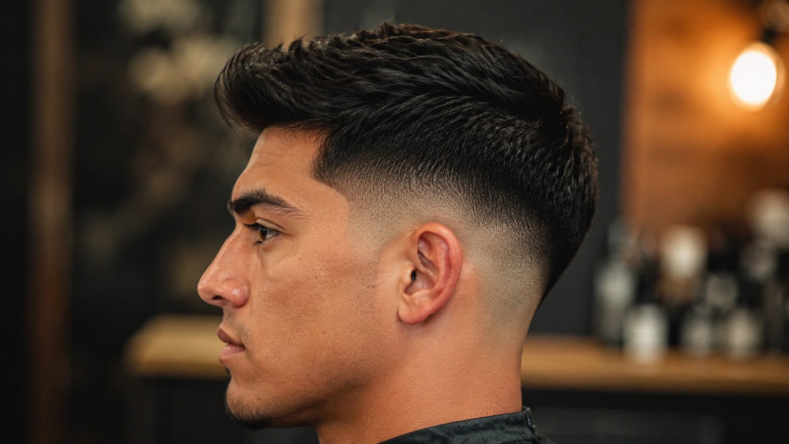 The fade guideline curves down behind the ear, following the natural shape of the skull.