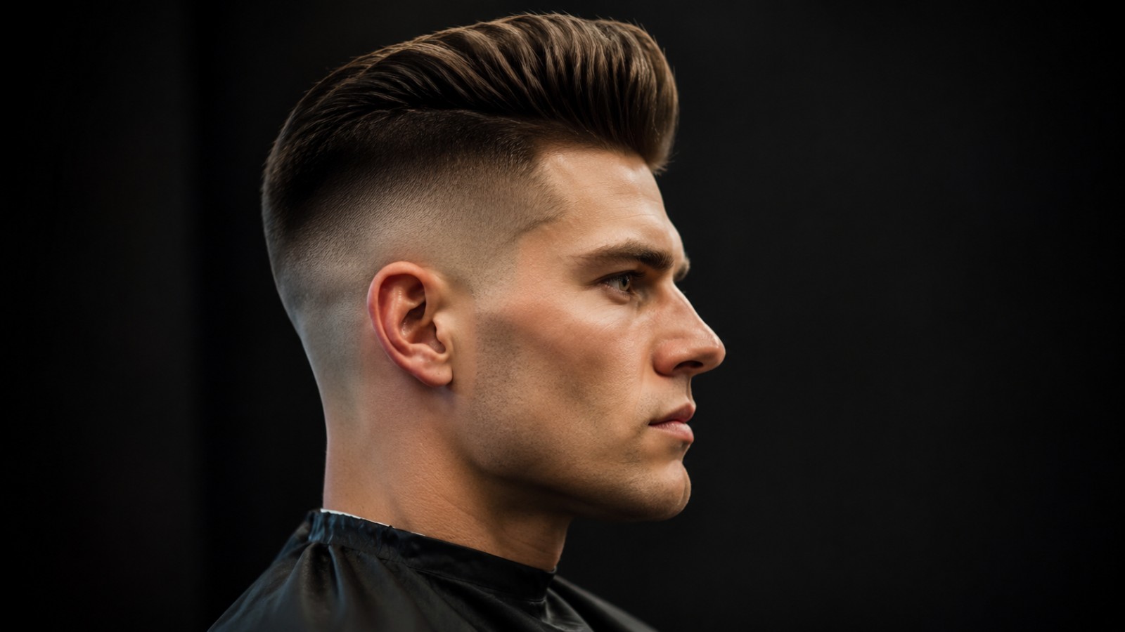 The high skin fade strips away side bulk while the pompadour pulls the eye upward.