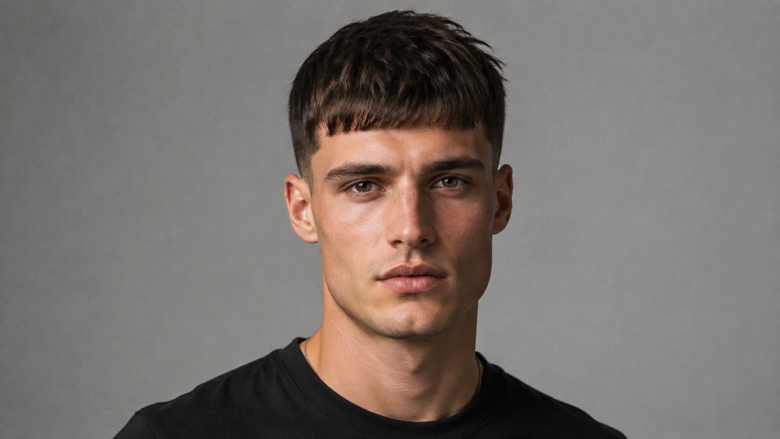 The blunt horizontal line of a French crop fringe visually shortens a long forehead.