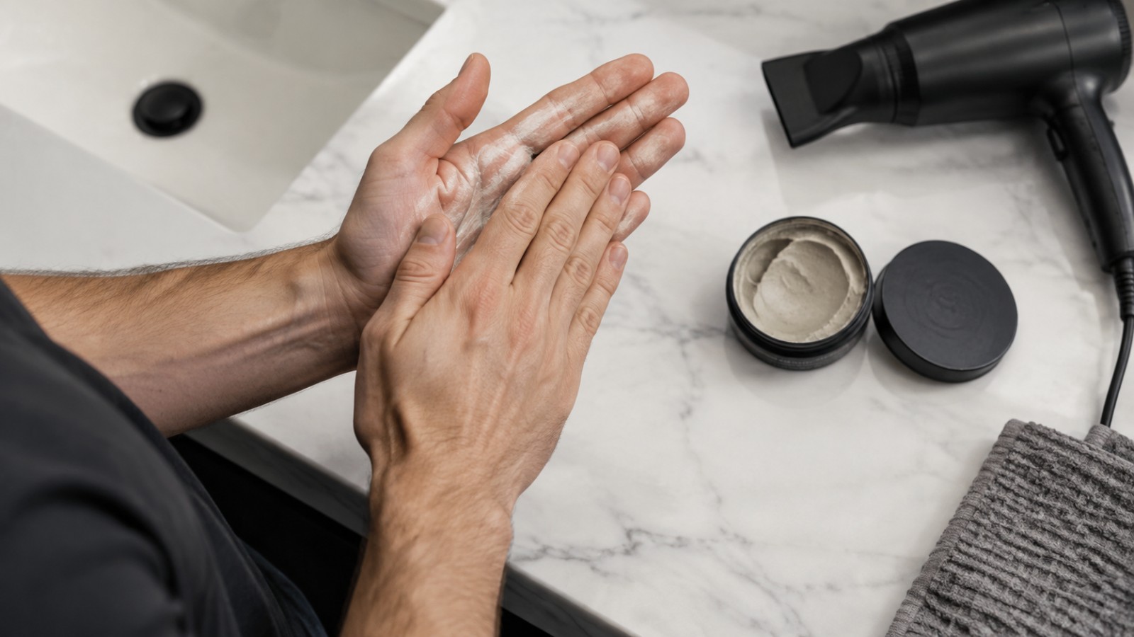 Emulsifying matte clay fully in the palms before raking it forward keeps the fringe piecy instead of pasty.