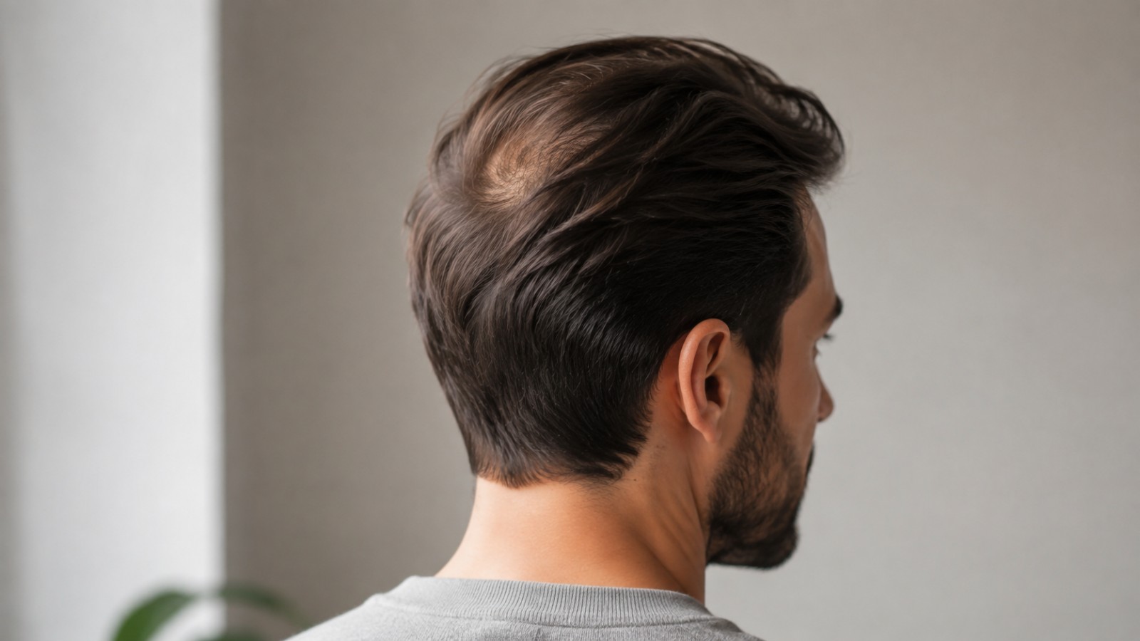 Coiffés vers l'arrière, les cheveux du dessus créent une couverture naturelle sur le vertex clairsemé.