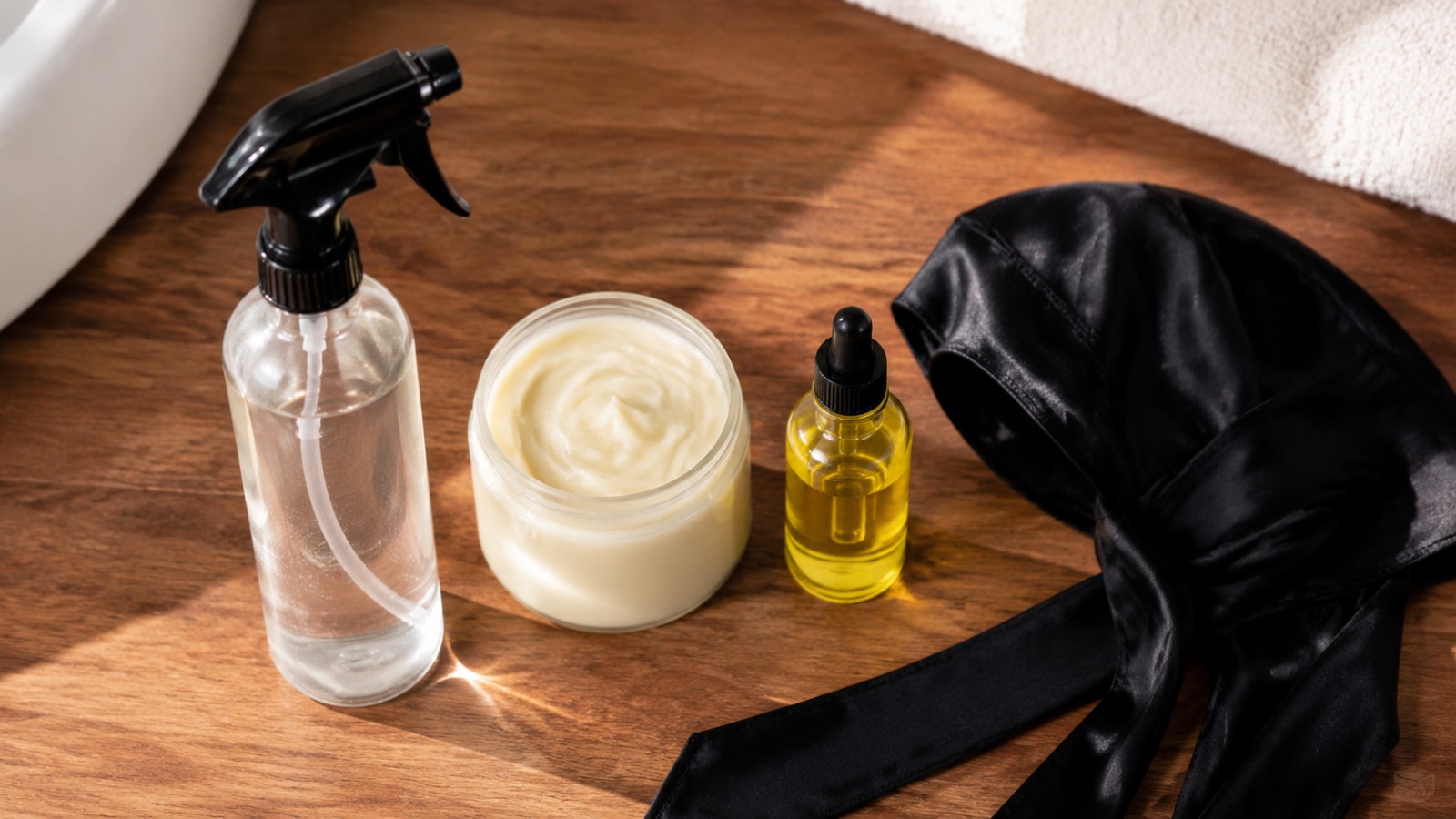 Die drei Schichten der LOC-Methode: Flüssigkeit, Öl und Creme – plus das Durag, das alles versiegelt.