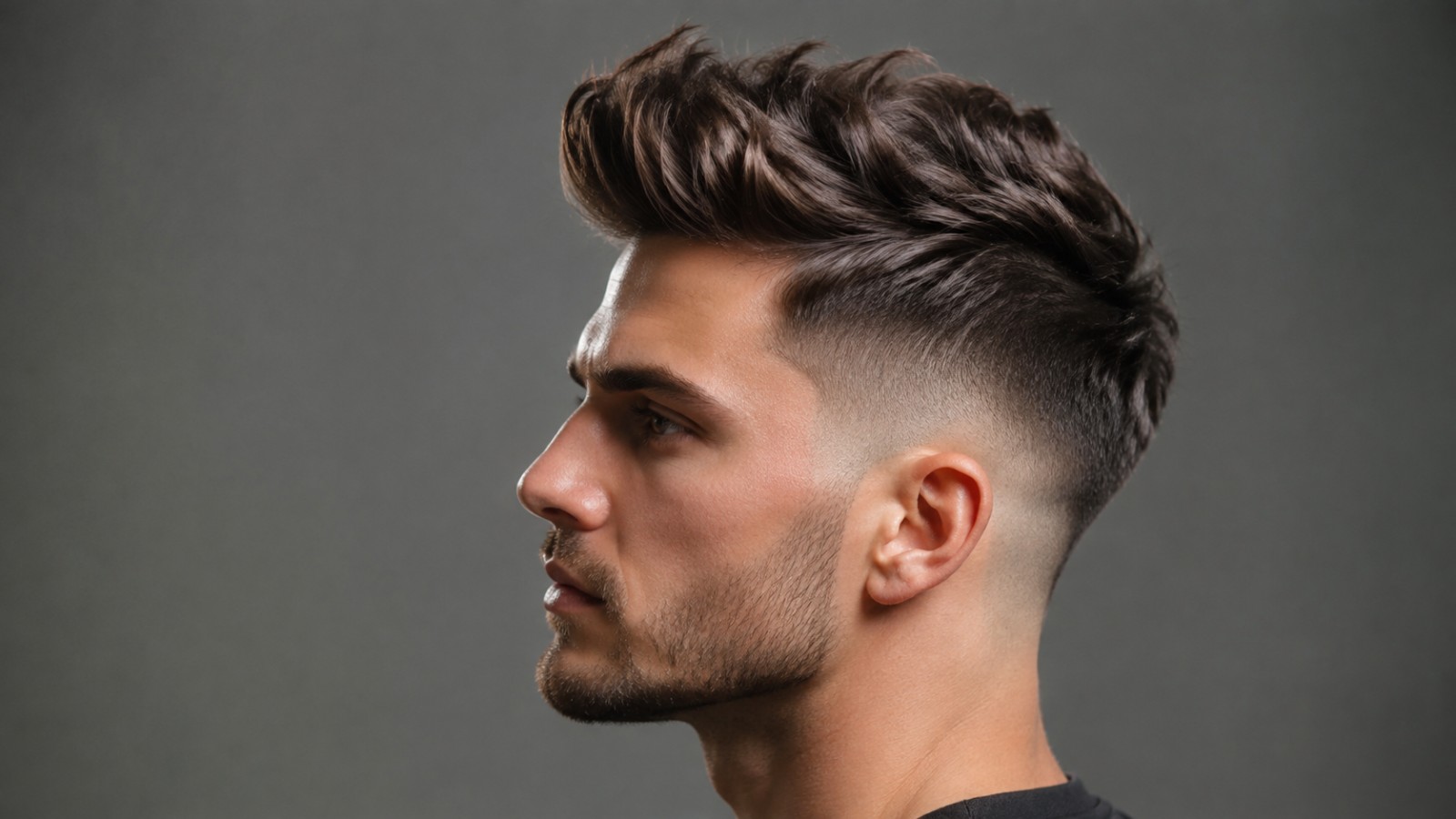 Ein mittelhoher Skin Fade hält die Seiten kurz und sauber, sodass das visuelle Gewicht voll auf dem Quiff liegt.
