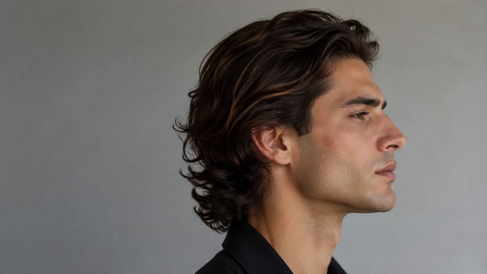 The classic silhouette: length on top reaching the crown, sides tucked behind the ears, and a soft wave at the nape.