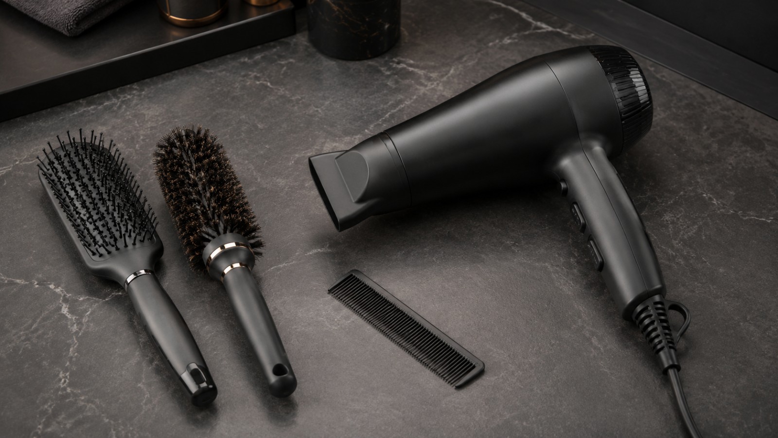 The core toolkit: a dryer with a concentrator nozzle, a vented brush, a round brush and a fine-toothed comb.