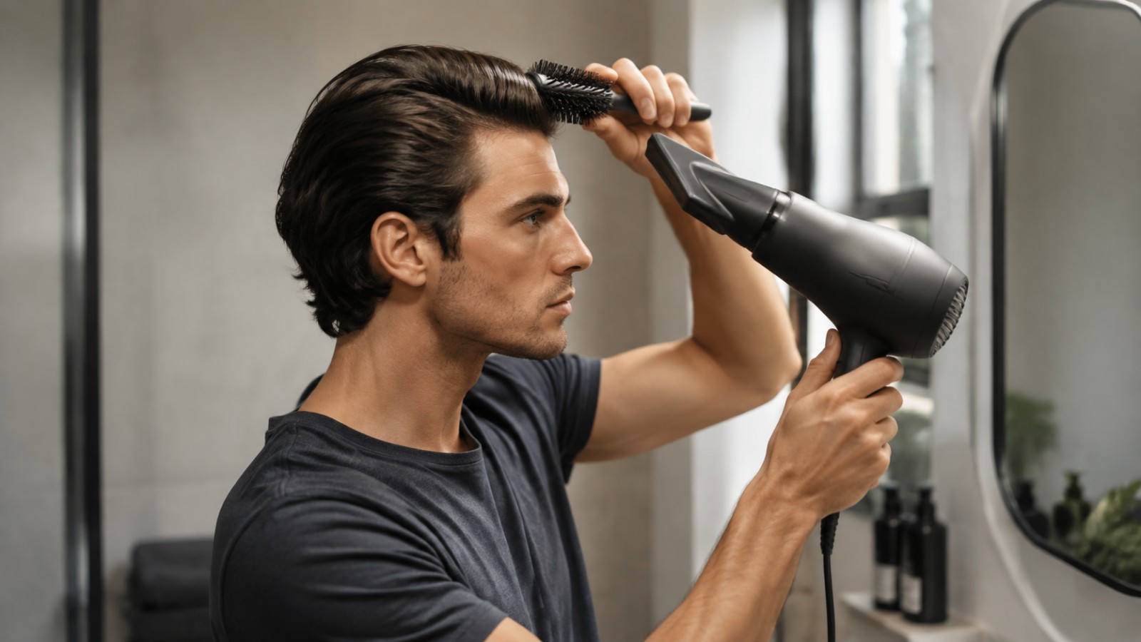 Brush and nozzle move together: tension pulls the hair back while the heat sets the new shape.