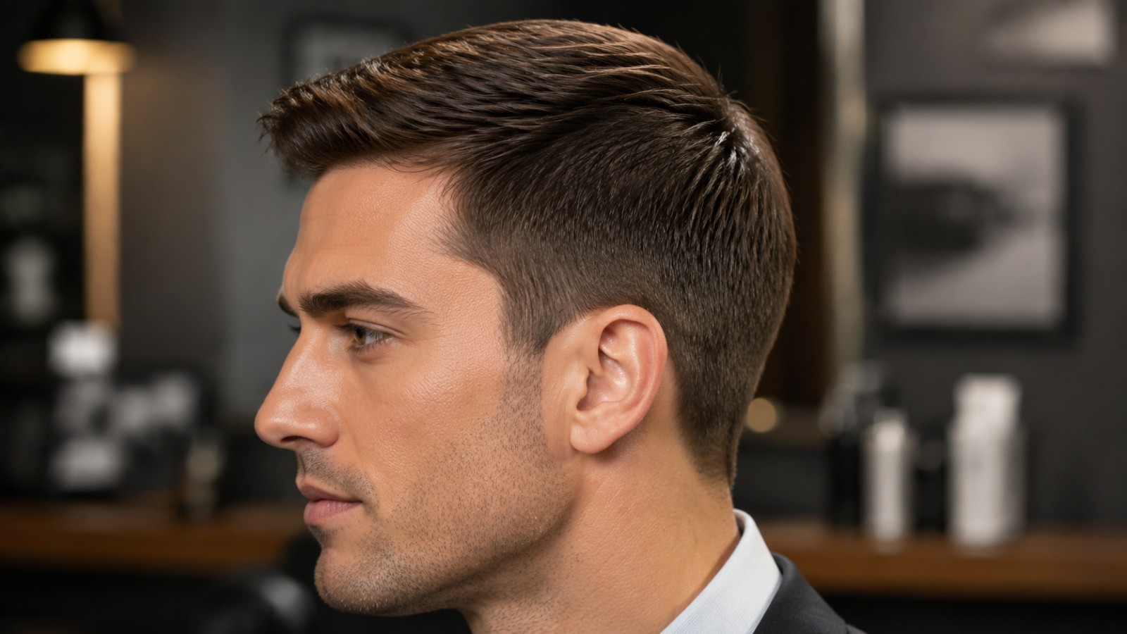 The side profile reveals the gradual slope from a longer front fringe down to a shorter crown.