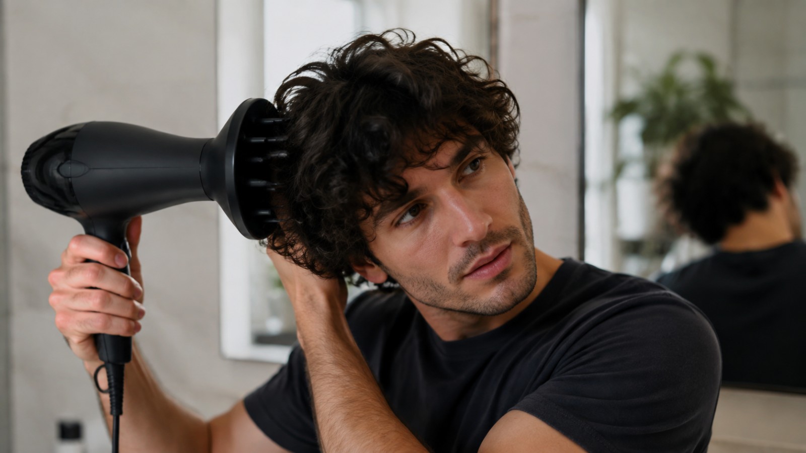The diffuser is cupped against the scalp and held still, so the airflow dries the curls without blowing them apart.