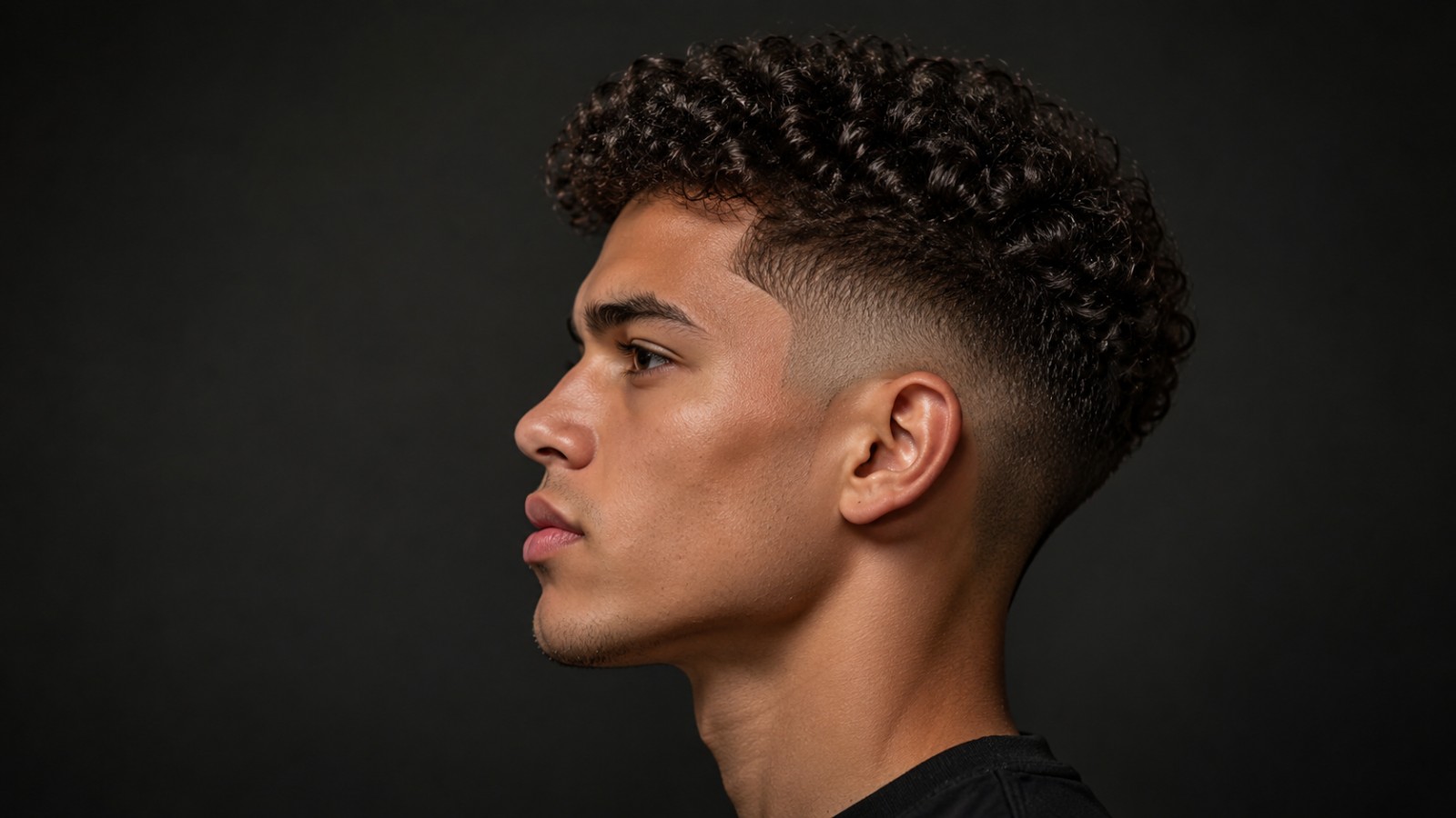Short, faded sides remove bulk at the temples and let the curls on top carry all the volume.