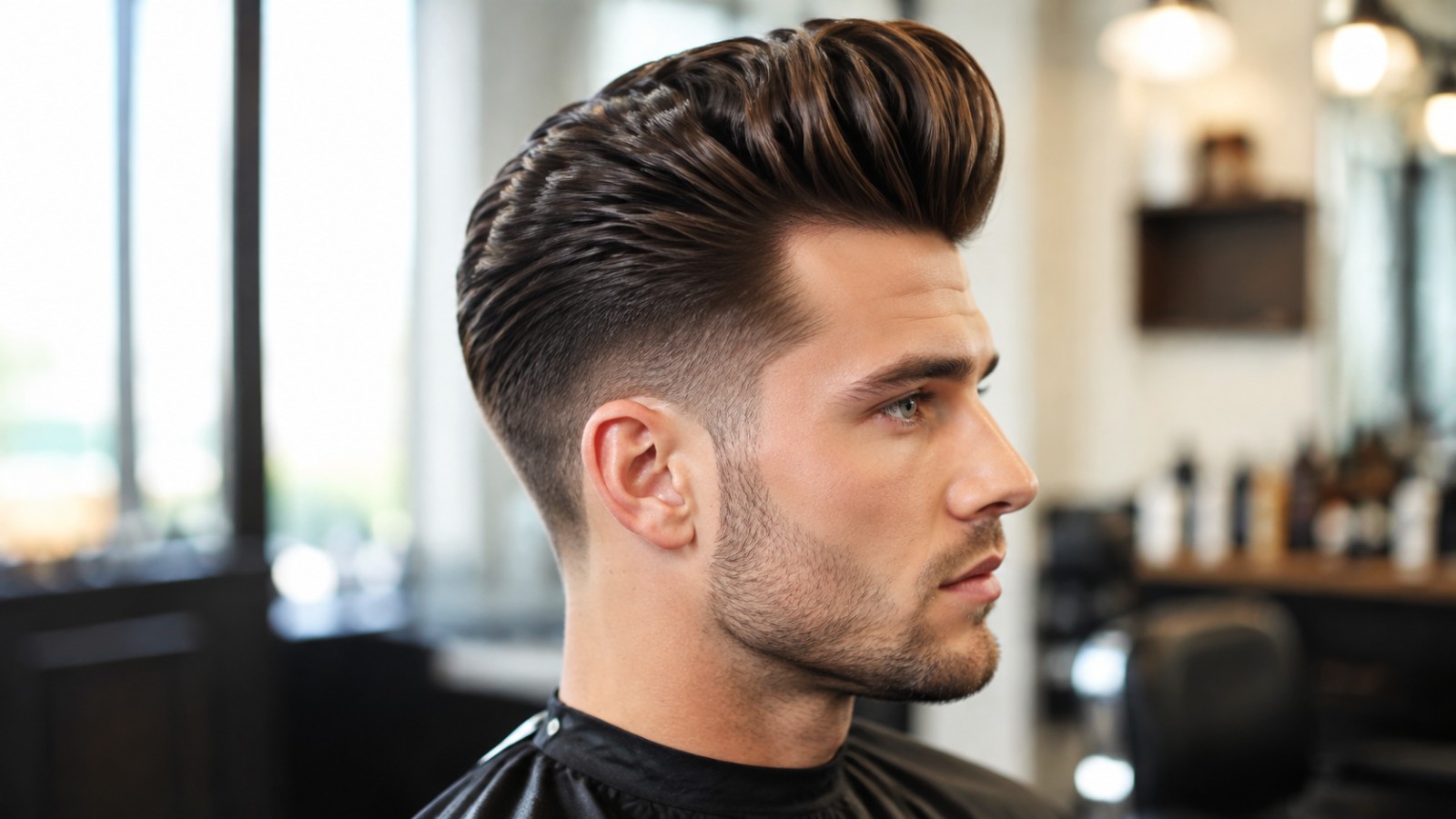 The pompadour's signature upward sweep only holds its shape when the interior bulk has been properly removed.