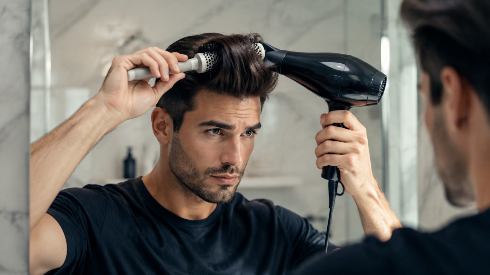 The round brush and concentrated heat at the roots are what force dense hair to stand up and stay there.