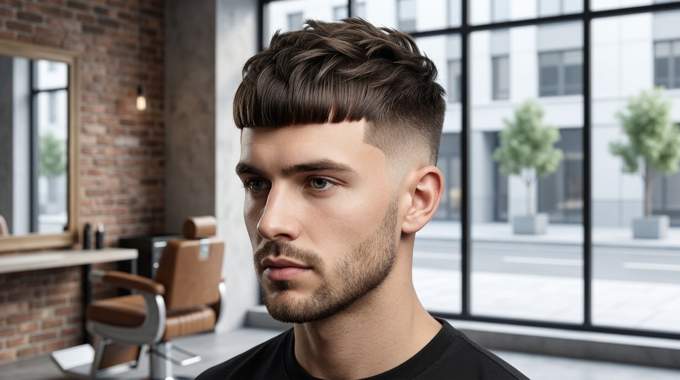 A young man modeling a modern textured Edgar haircut with a sharp blunt fringe and a clean skin fade on the sides.