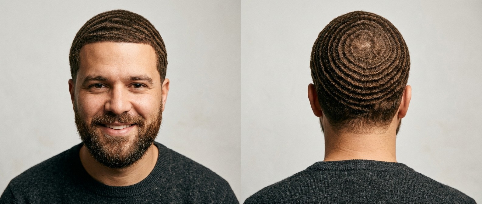 Man with medium skin and a full beard showcasing perfectly defined 360 waves, a razor-sharp front line-up, and a flawless concentric crown swirl.