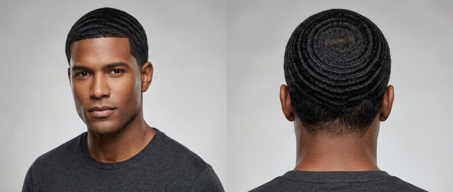 Vorder- und Rückansicht eines Mannes mit perfekten 360 Waves, scharfem Edge-up und einem mittigen Crown Swirl.