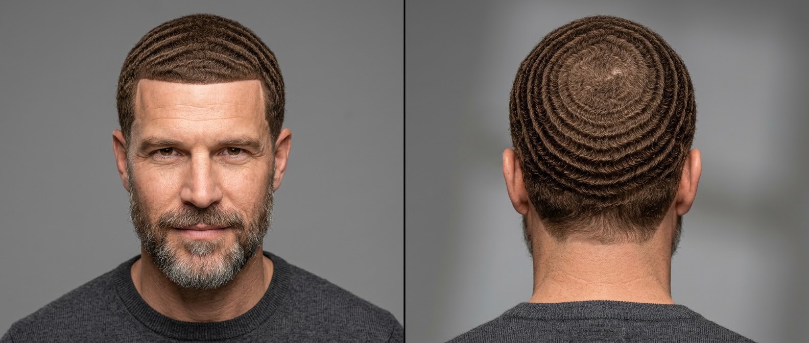 Mature man with a sharp line-up, neatly groomed beard, and perfectly defined 360 waves hairstyle radiating from the crown of his head.