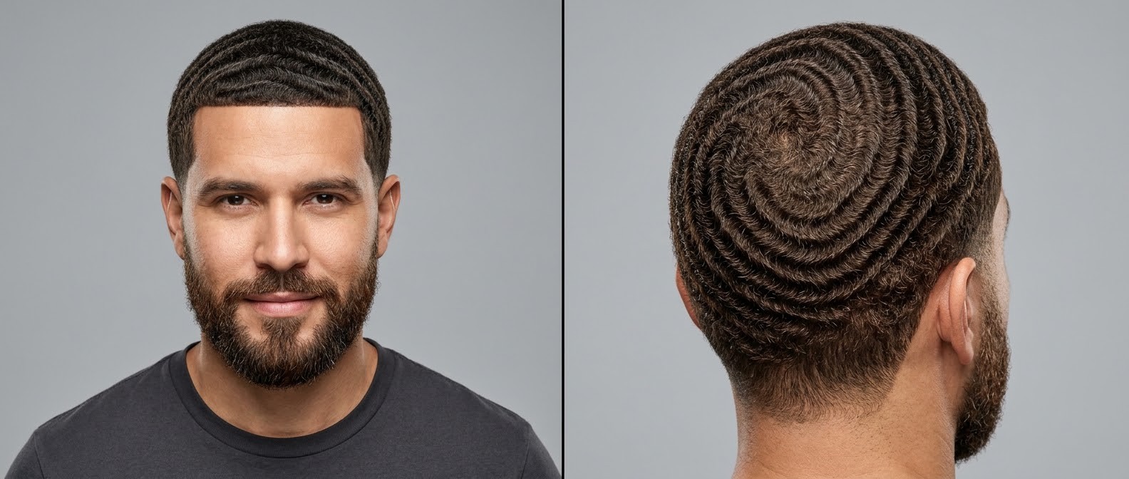 Hispanic man with a groomed beard modeling a deep 360 swirl wave hairstyle, featuring a razor-sharp straight lineup and a meticulously trained crown.