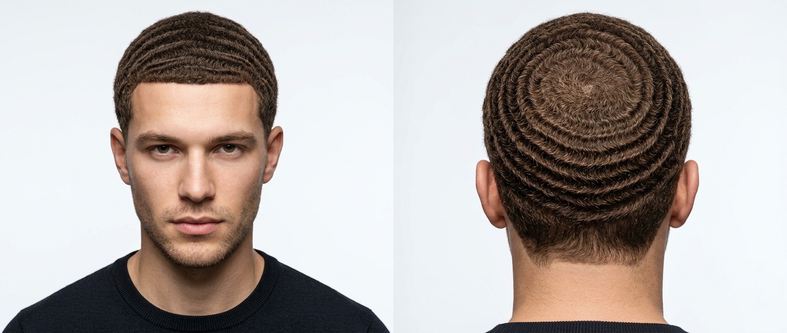 Modelo masculino joven con cabello castaño claro mostrando perfectas 360 waves con un perfilado frontal nítido, visto de frente y de espaldas.