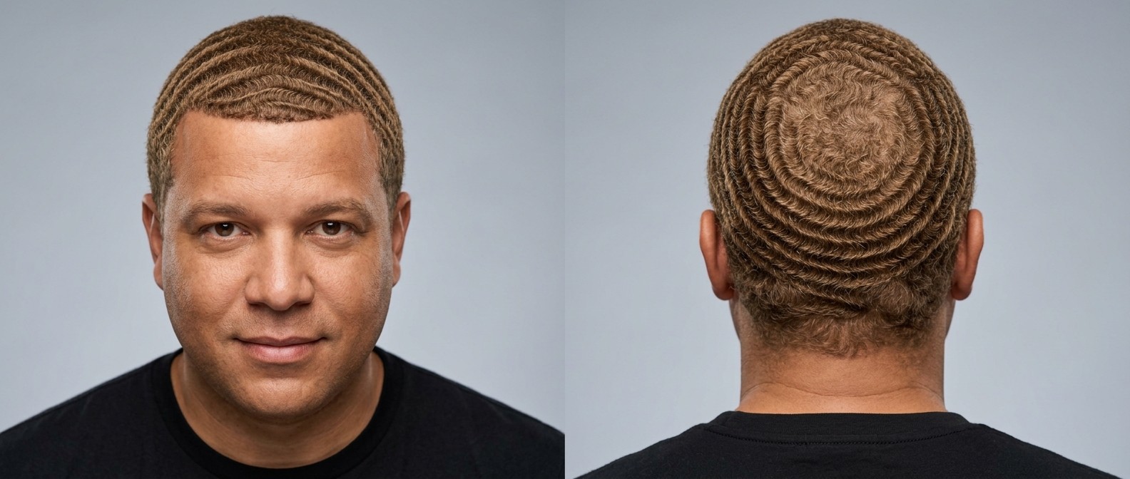 Hombre con cabello castaño claro estilo 360 waves, con ondas concéntricas profundas y un line-up frontal preciso.