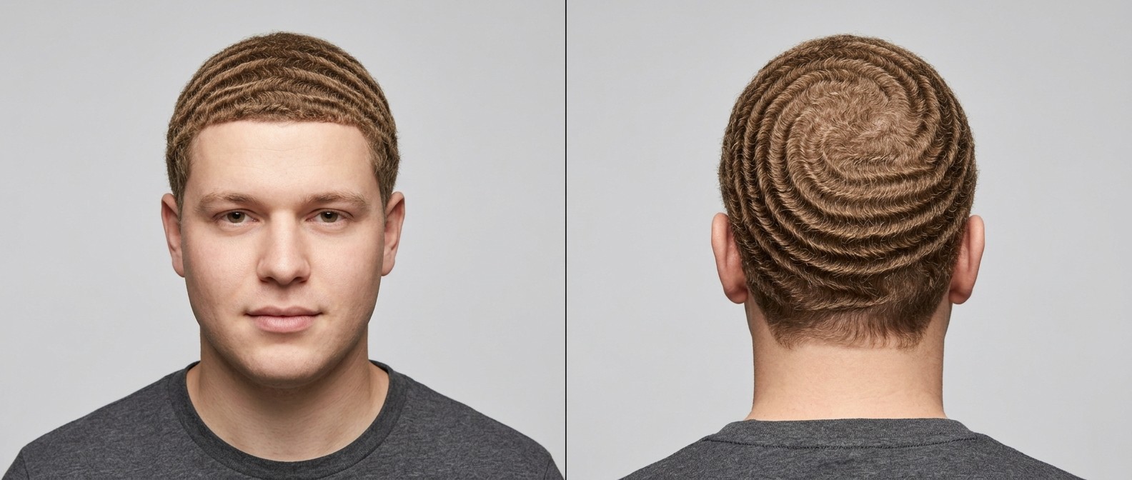 Vista frontal y trasera de un hombre con cabello castaño claro luciendo 360 waves definidas, line-up marcado y remolino en la coronilla.