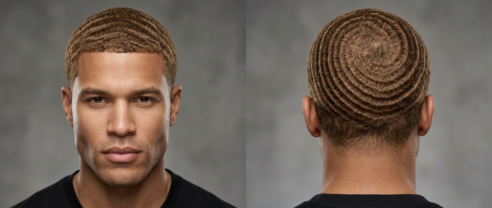 Hombre con waves 360 castaño claro, rostro cuadrado, line up definido y corona en espiral perfecta.