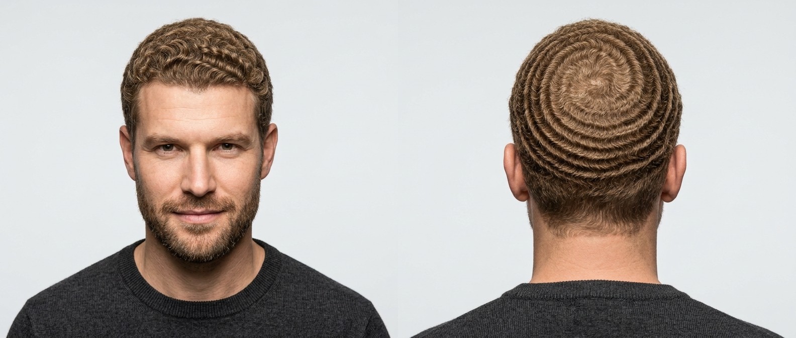 Hombre con cabello castaño claro luciendo ondas 360 profundas con corona en espiral y barba corta bien cuidada.