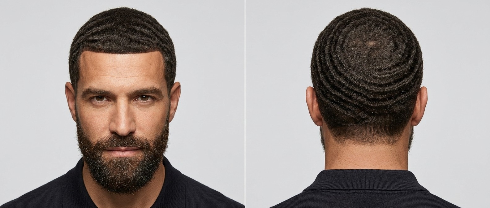 Vista frontal y trasera de un hombre con 360 waves perfectas, barba completa y un line-up geométrico a navaja.