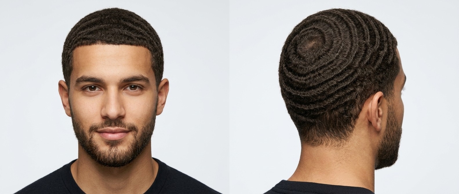 Vista frontal y trasera de un hombre con rostro ovalado y barba corta luciendo 360 waves profundas con un line-up frontal definido.
