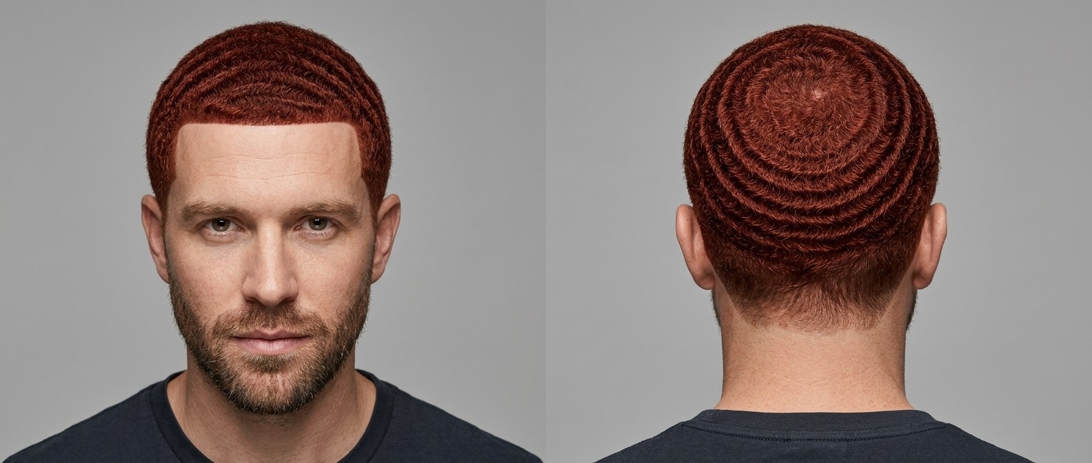 Hombre de piel clara con cabello rojo vibrante peinado en 360 waves perfectamente definidas, con line-up marcado, corona centrada y barba corta.