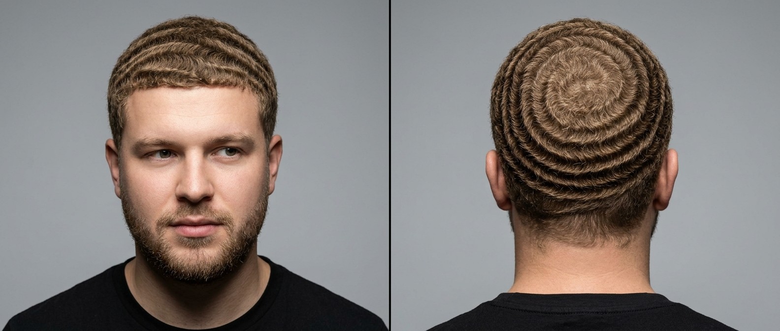 Hombre con barba corta luciendo 360 waves castaño claro, con corona en espiral definida y line-up frontal preciso.