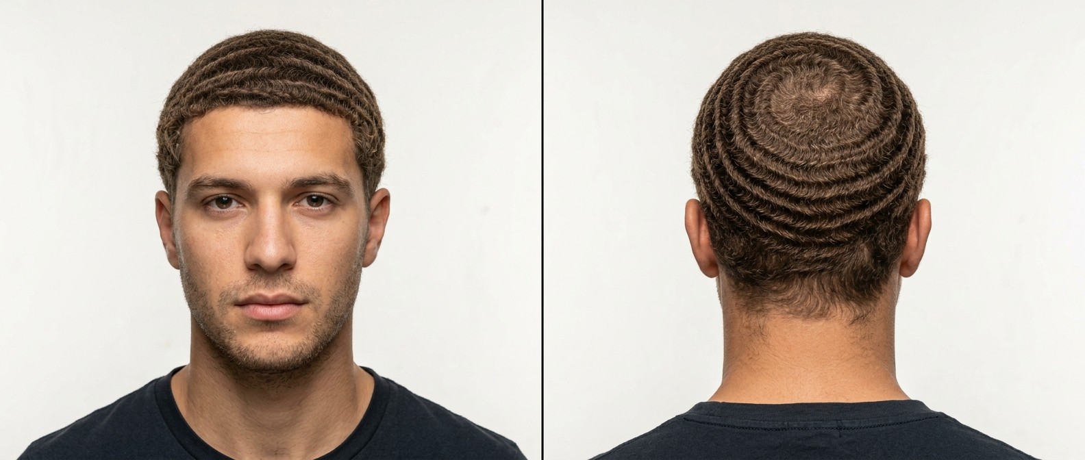 Front and back view of a young man with brown curly hair styled in perfect 360 waves, featuring a natural hairline and soft tapered nape.