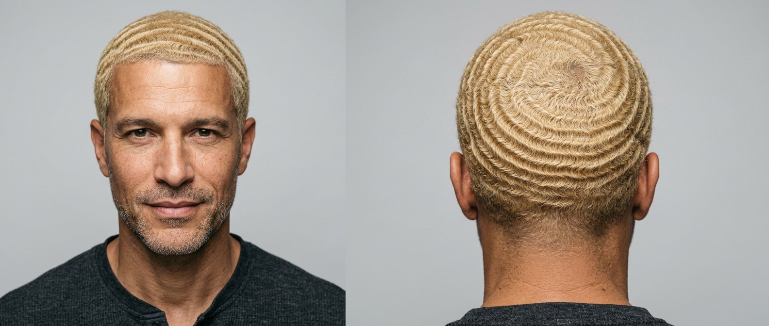 Front and back view of a mature man with olive skin modeling perfectly formed, blonde 360 waves with a precision crown swirl and light stubble.