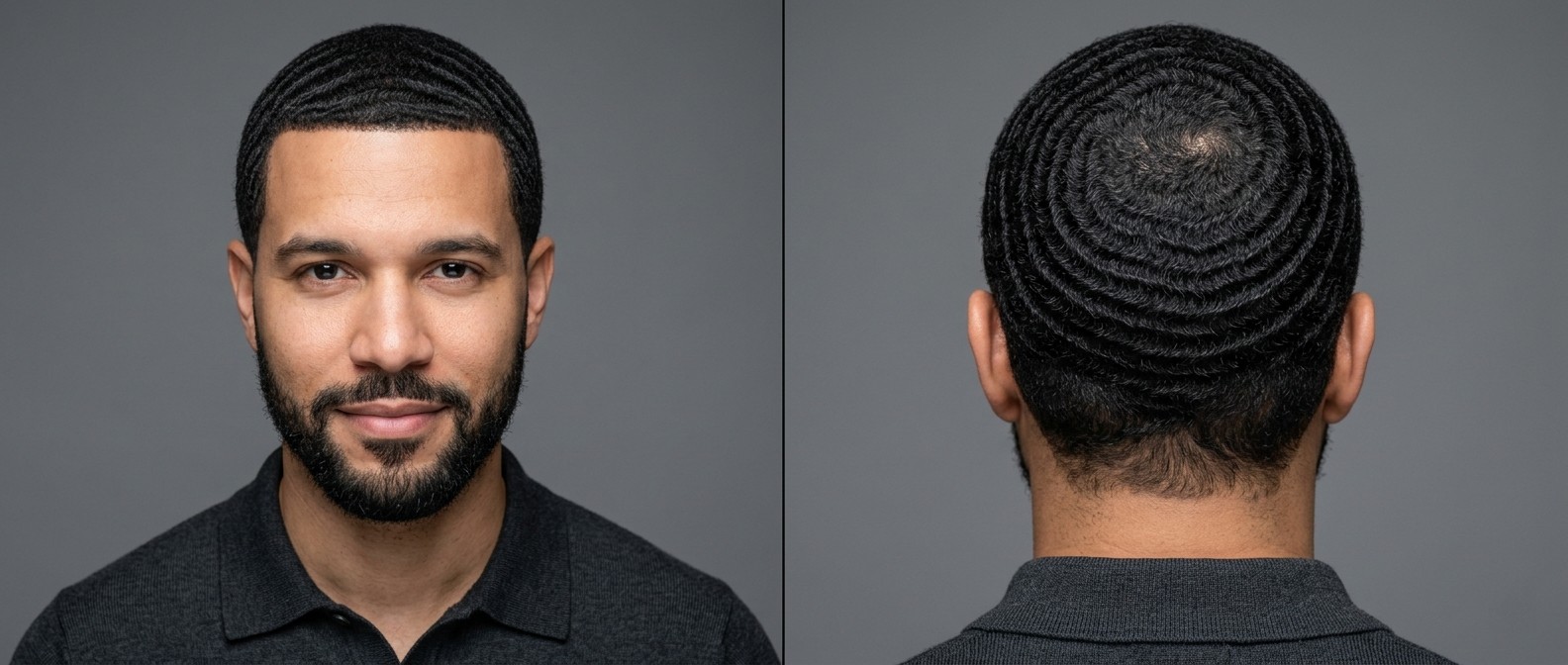 Front and back view of a man with deep 360 waves, a sharp front line-up, and a neatly groomed short beard.