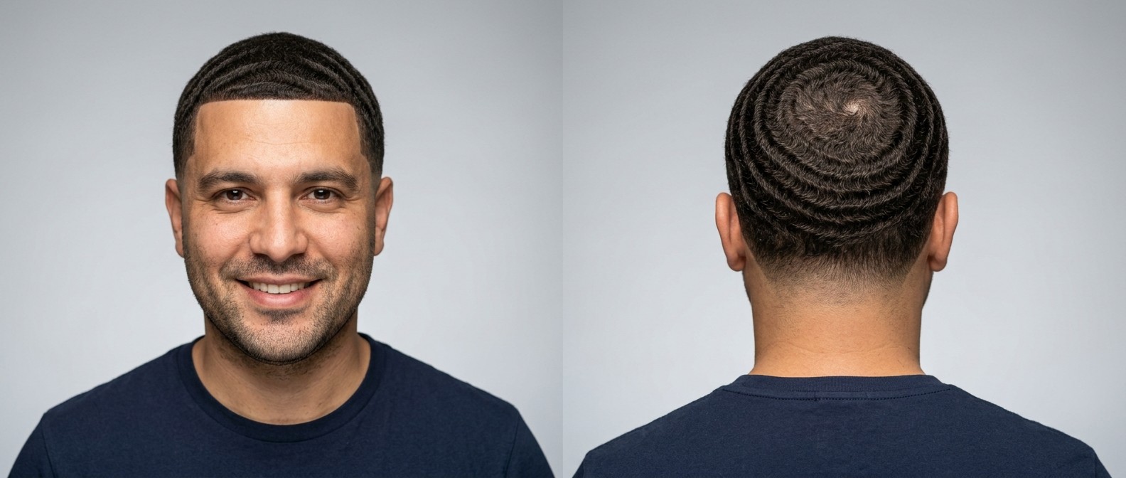 Front and back view of a man with olive skin and stubble wearing a 360 waves hairstyle with a crisp edge-up, radiating from the crown.