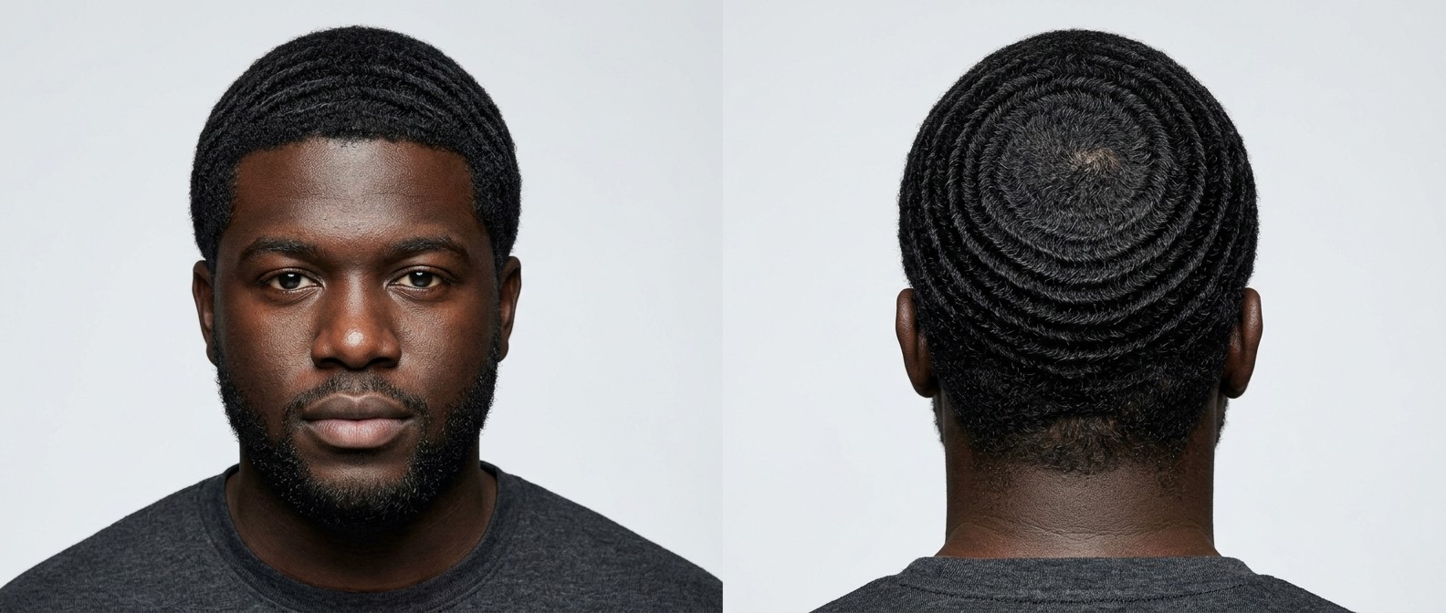 Vista frontal y posterior de un hombre negro con ondas 360 perfectas, línea frontal definida y barba corta bien recortada.