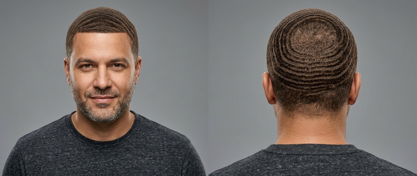 Mature man with olive skin and stubble showcasing perfectly defined 360 waves and a razor-sharp front hairline edge-up from front and back views.