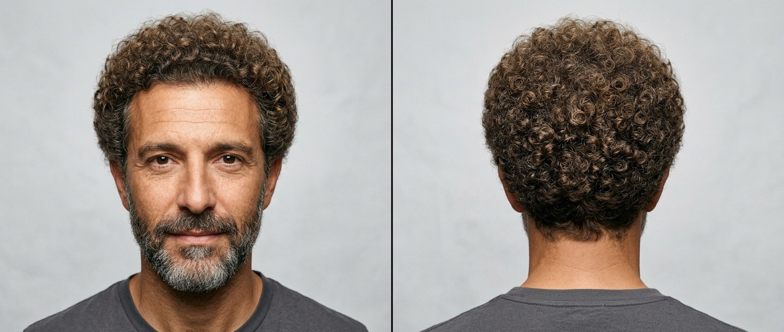 Middle-aged man with olive skin and a beard wearing a perfectly rounded, light brown Type 3 curly afro hairstyle, showing front and back views.