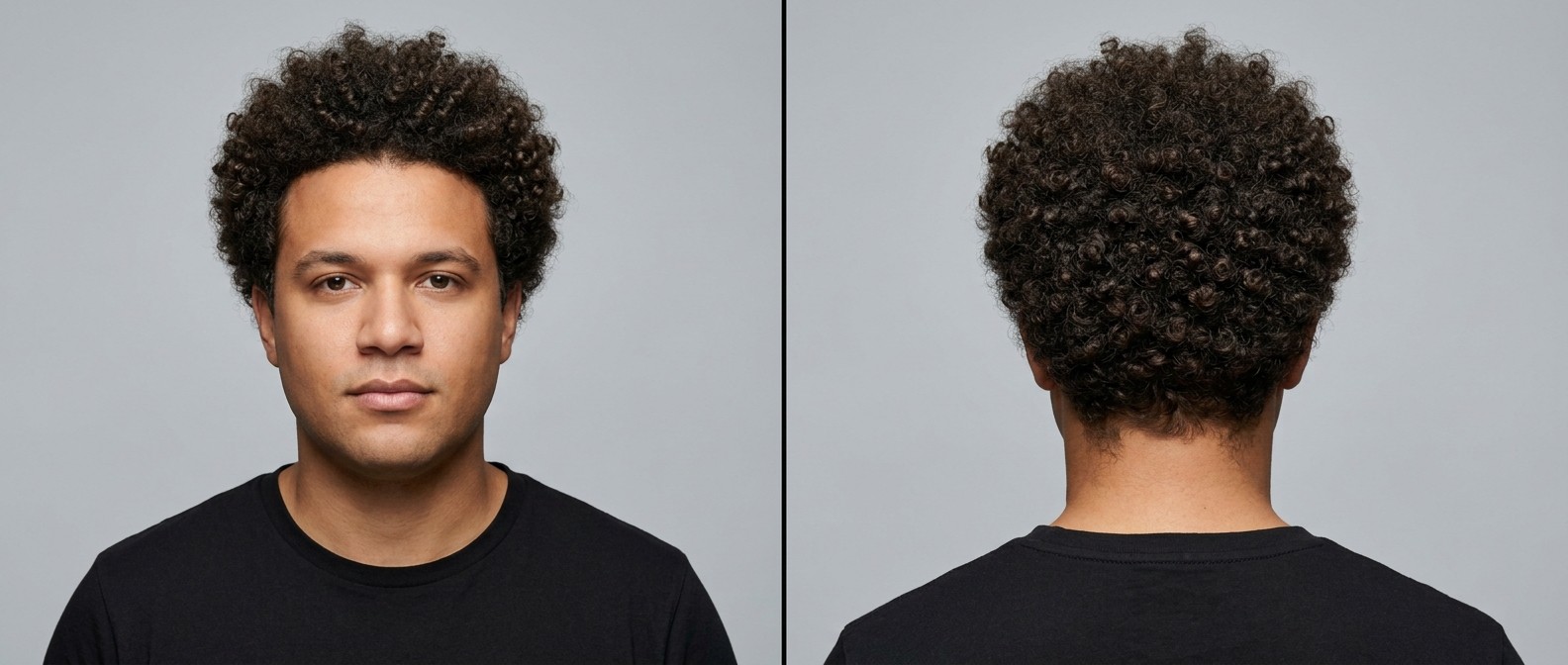 Front and back view of a young man with a medium-length, perfectly rounded curly afro, showcasing defined Type 3 brown curls and a natural hairline.