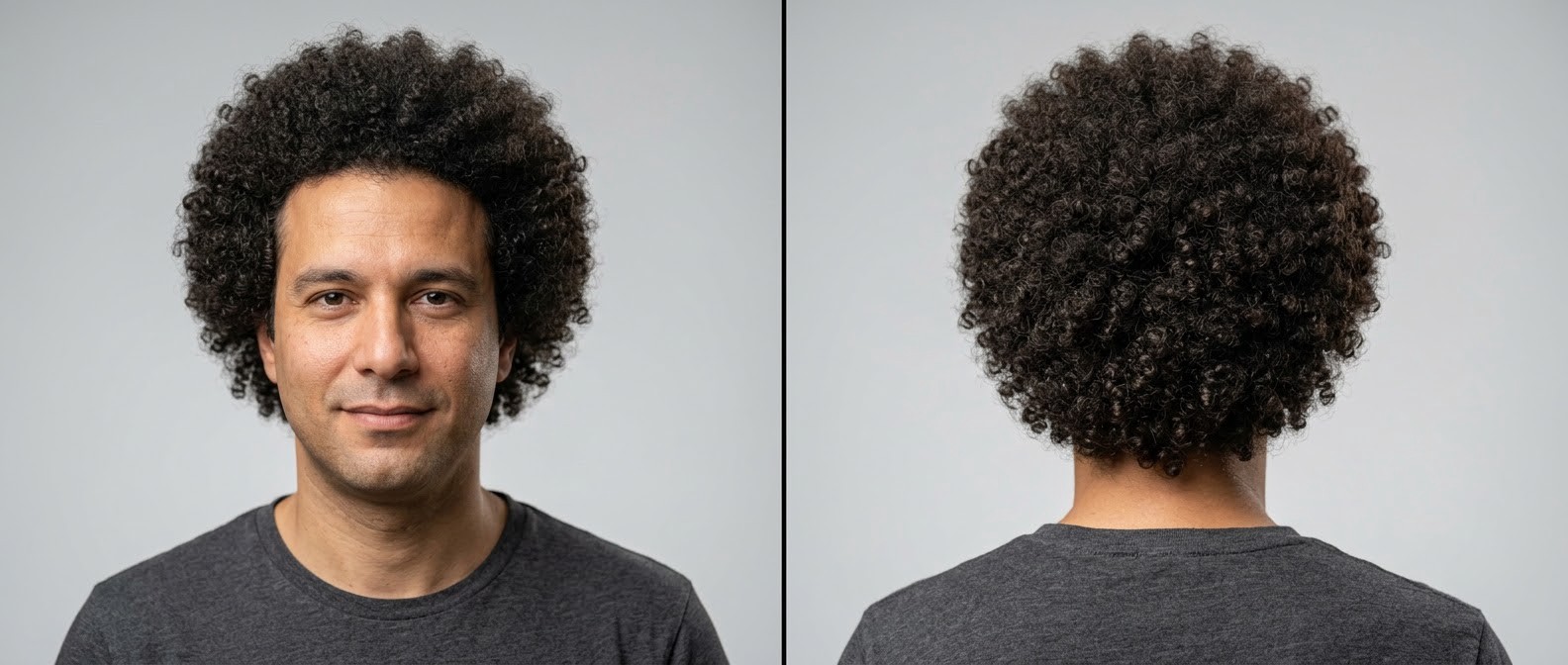 Front and back view of a 35 to 45-year-old man with olive skin showcasing a voluminous, perfectly rounded dark brown afro hairstyle for curly hair.