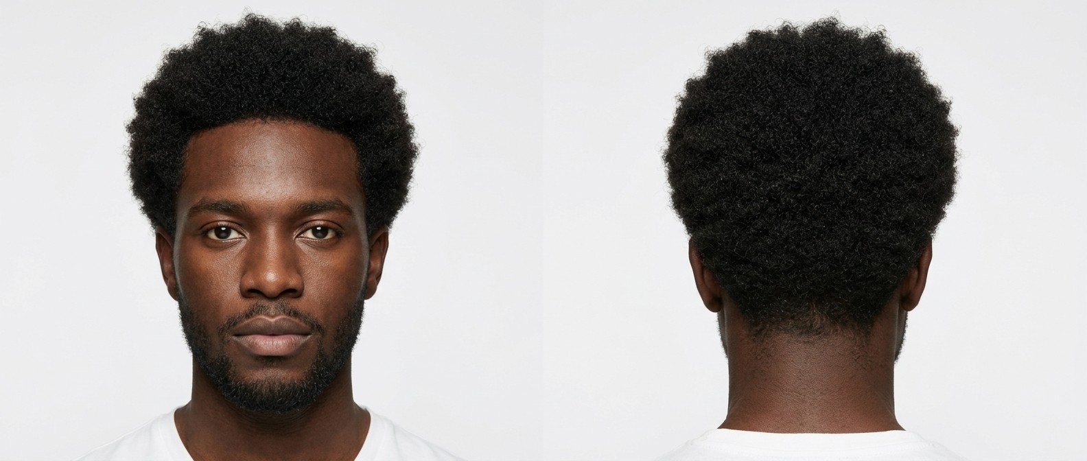 Front and back view of a young Black man with a classic, perfectly rounded medium Afro hairstyle and a neatly trimmed short beard.