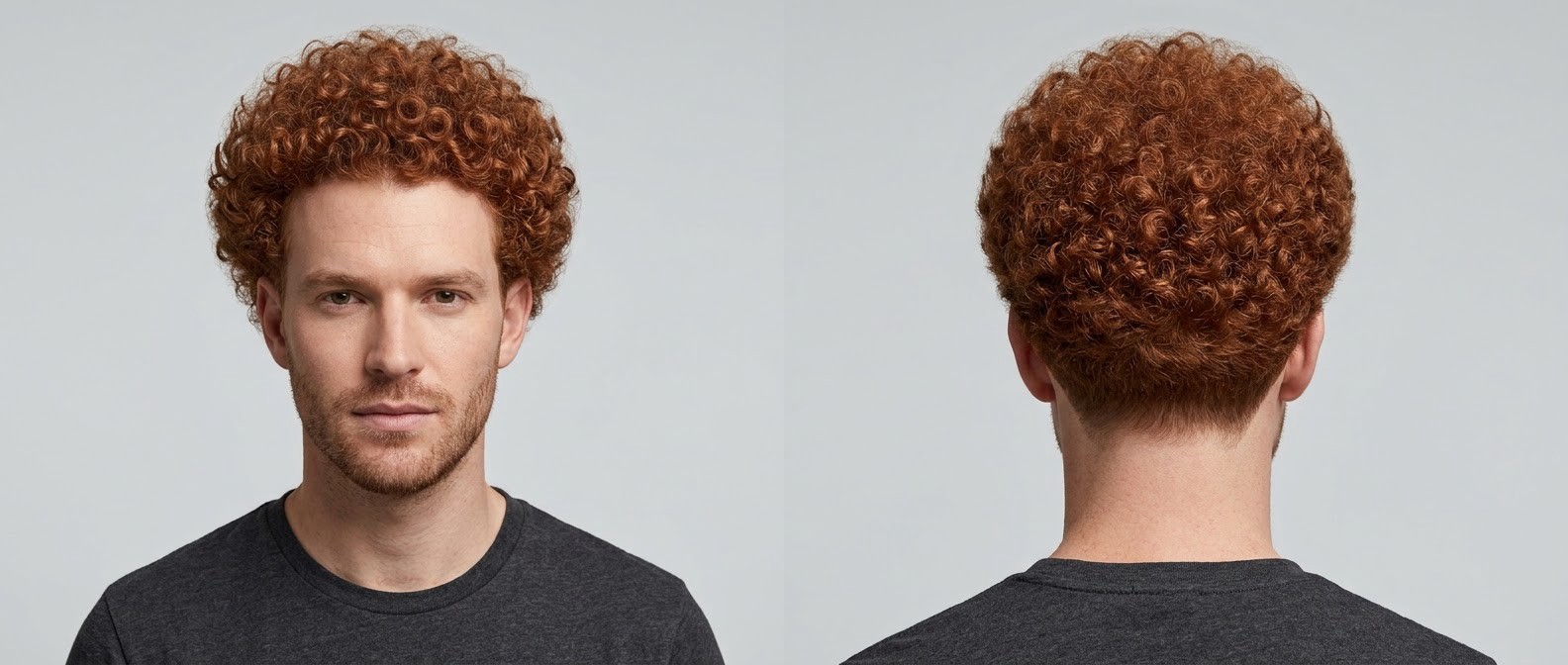 Front and back view of a Caucasian man with a perfectly rounded, red curly afro hairstyle and neat facial stubble against a light gray background.