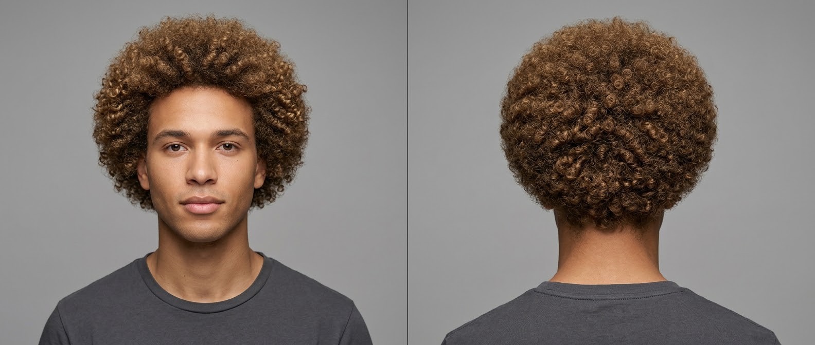 Front and back view of a young man with a perfectly rounded, voluminous golden-brown curly afro, featuring highly defined Type 3 ringlets.