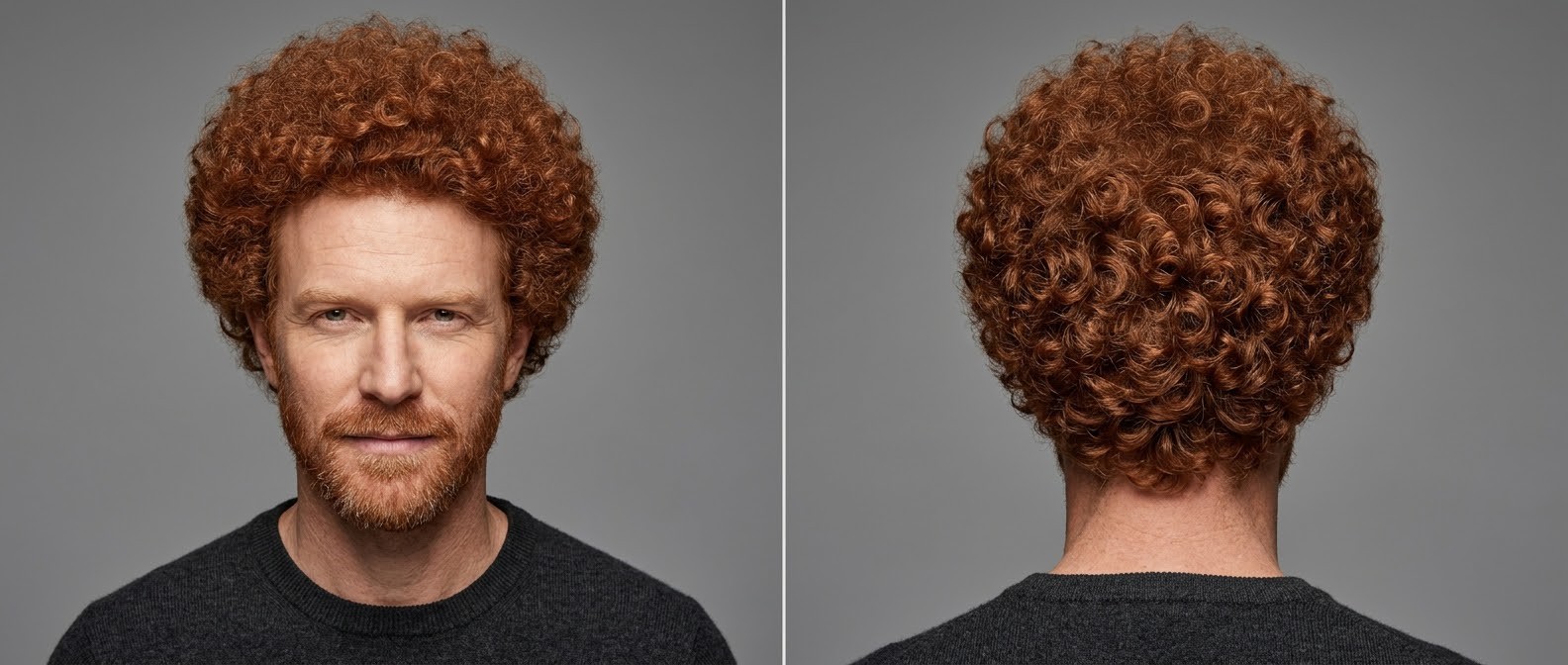 Front and back view of a 45-year-old man with a neat beard sporting a voluminous, naturally red curly afro hairstyle with highly defined Type 3 coils.