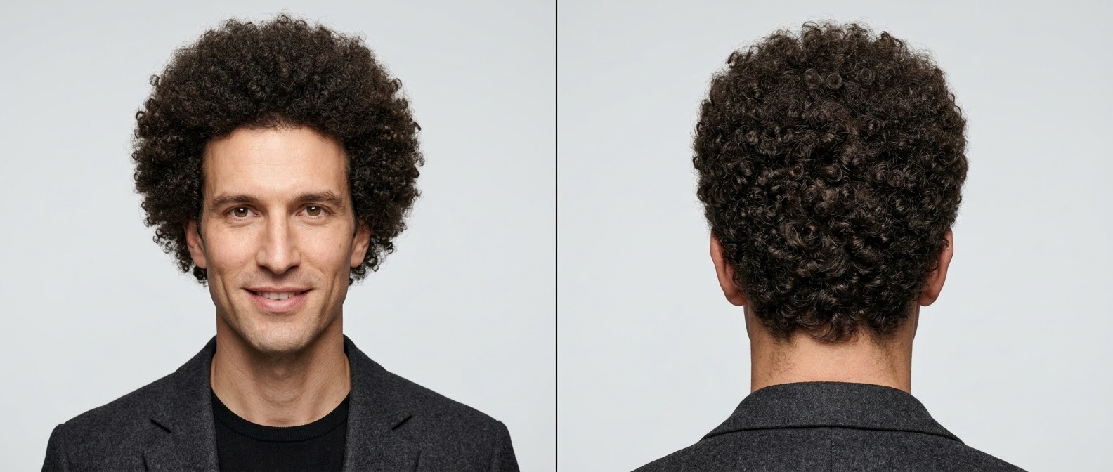 Front and back view of a man with dark brown hair sporting a perfectly rounded medium-length afro featuring highly defined tight corkscrew curls.