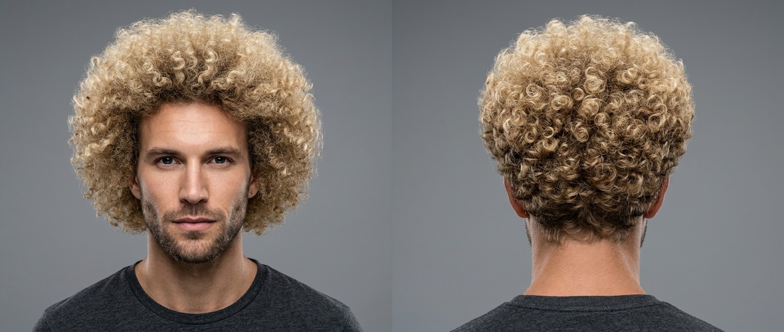 Front and back view of a Caucasian man with a voluminous, golden blonde curly afro, showcasing perfectly defined Type 3 ringlets and a rounded shape.